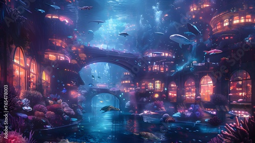 Vibrant underwater city brimming with marine life  colorful corals  and futuristic architecture in a surreal oceanic world.