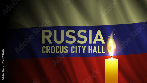 Vector dark wavy flag of Russian Federation. Crocus city hall. A brightly burning candle. Mourning and sorrow. Banner of suffering.