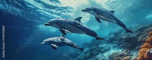 Dolphins swimm together in underwater world