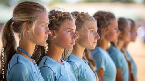 Portrait of athletic girls standing in a row with ponytails on their heads