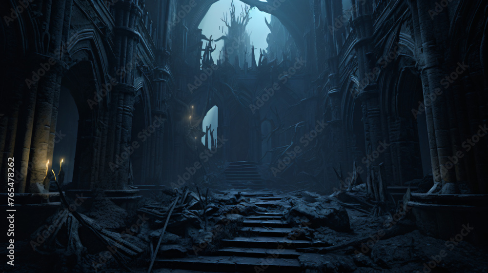 Dark and creepy old ruined medieval fantasy temple