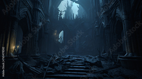 Dark and creepy old ruined medieval fantasy temple