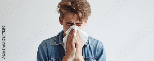 Unhealthy sick man sneezing in to tissue on white background. allergy sneezing concept. banner photo