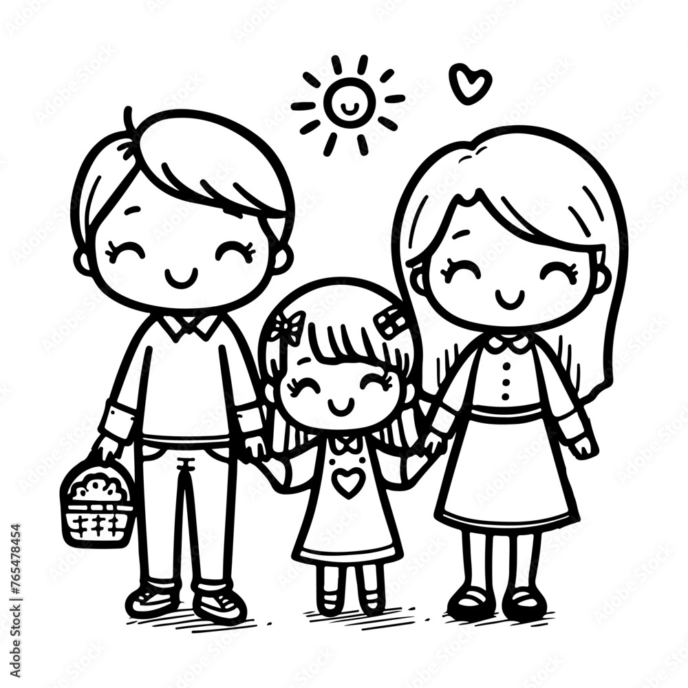kid drawing happy family cartoon character outline doodle for coloring book page vector illustration on white background kid drawing happy family cartoon character outline doodle for coloring book page vector illustration on white background