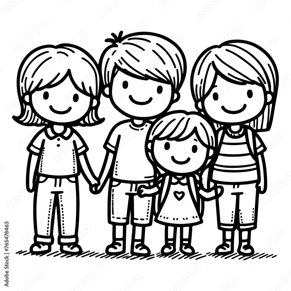 kid drawing happy family cartoon character outline doodle for coloring book page vector illustration on white background kid drawing happy family cartoon character outline doodle for coloring book page vector illustration on white background