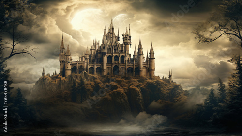 Dark fantasy castle with a sepia theme abstract 