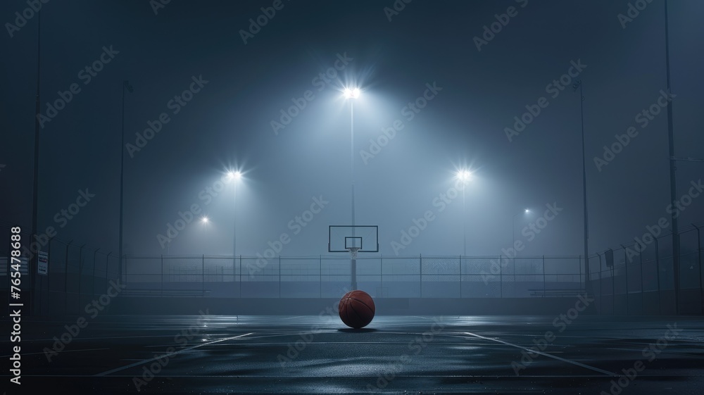Illuminated basketball court under misty sky An atmospheric image