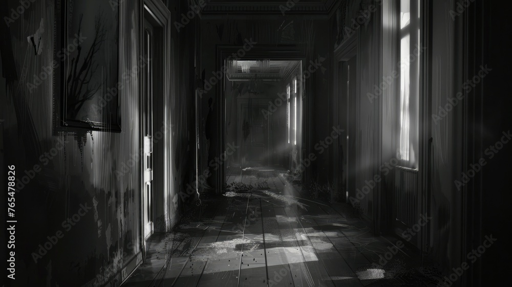 Mysterious figure in a dark, eerie corridor - A shadowy figure stands still in a dimly lit corridor with peeling walls, creating an atmosphere of suspense and horror