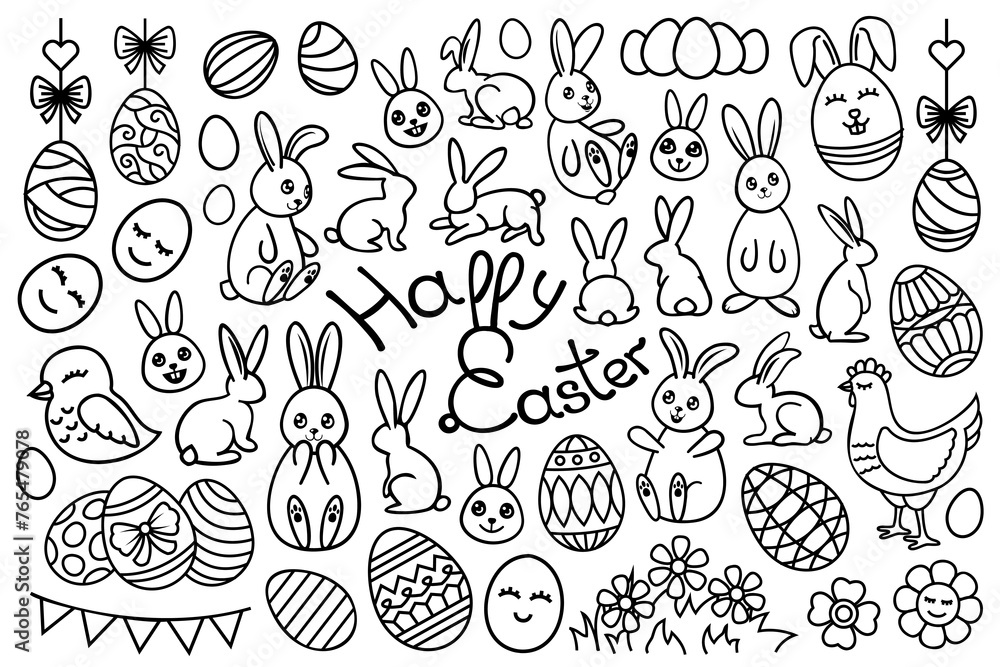 Line art Easter set, collection with bunnies, chickens, eggs contour drawings. Decorative linear vector Easter design elements. Line art Easter set, collection with bunnies, chickens, eggs contour drawings. Decorative linear vector Easter design elements.