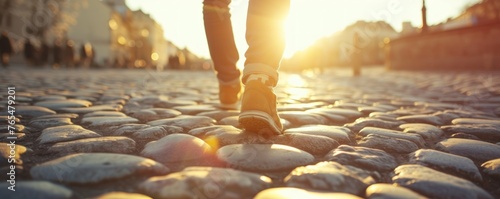 Man foots walking on the city street in sunny backlight photo