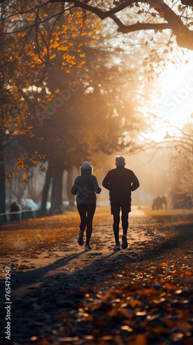 Elderly Couple Jogging Together in Autumn Park 