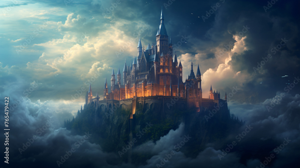 Digital painting of a fantasy castle in the clouds in