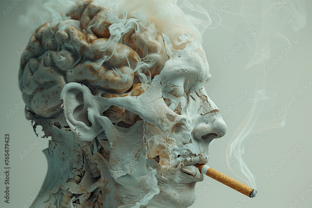 Illustration of a skull with its brain shrouded in smoke.  - obrazy, fototapety, plakaty 