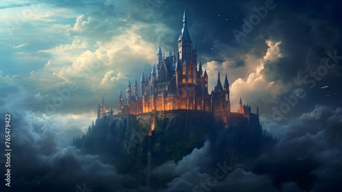 Digital painting of a fantasy castle in the clouds in