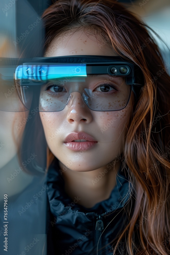 Close-up view of Asian woman immersed in augmented reality, wearing AR glasses for enhanced experience Close-up view of Asian woman immersed in augmented reality, wearing AR glasses for enhanced experience