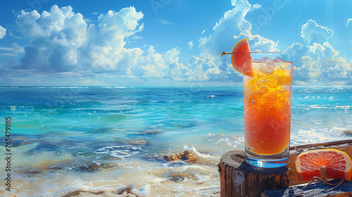A colorful tropical drink garnished with fruits, placed on the edge of a beach chair overlooking the sparkling sea under the clear blue sky