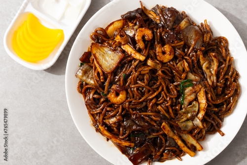 Platter Jjajangmyeon with stir-fried noodles in Jjajang sauce