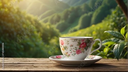 Cup of tea on nature background AI generated