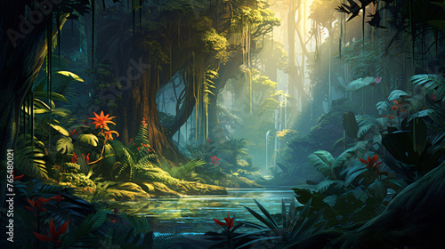 Dreamy fantasy deep jungle lush vegetation digital illustration