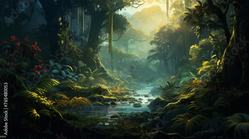 Dreamy fantasy deep jungle lush vegetation digital illustration © Jafger