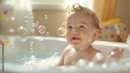 A baby sitting in a bathtub, splashing happily in the water, surrounded by bubbles