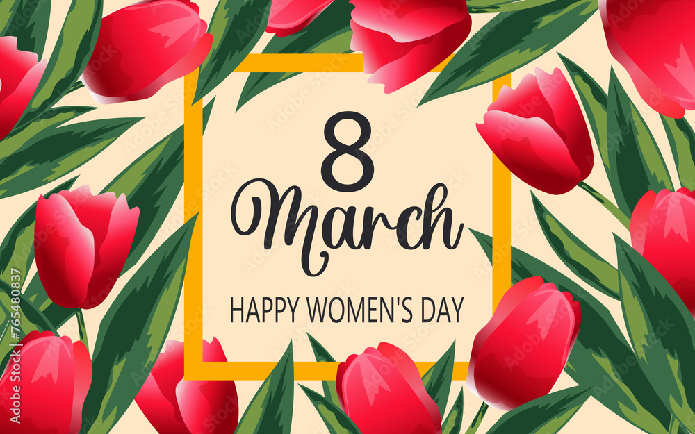 International Women's Day. Spring card with scarlet tulips around a square frame.  - obrazy, fototapety, plakaty 