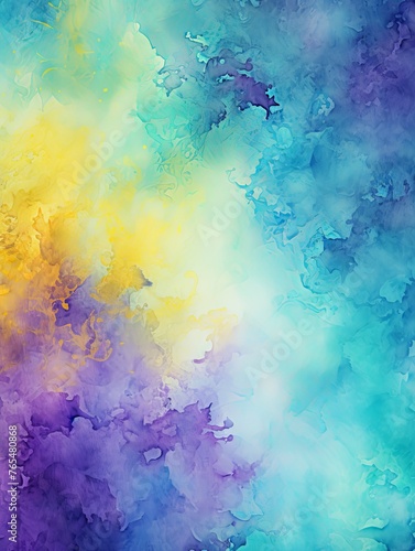 Teal and yellow watercolour splatter background, purple yellow © Celina