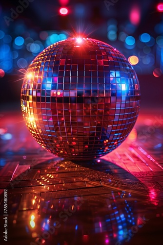 Mirrored disco ball shines under various lights, creating dazzling reflections and transforming spaces into vibrant dance floors.