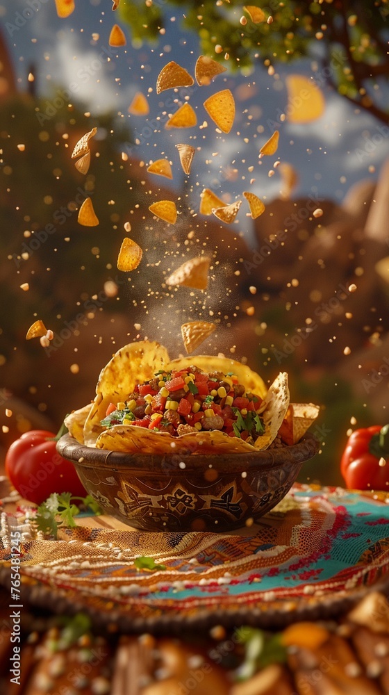 A fry bread taco raining its toppings in slow motion levitation above a Navajo rug, 3D, 2D surreal illustrate