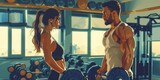 Side view of sporty attractive woman and handsome muscular man lifting weights in the gym, Generative AI