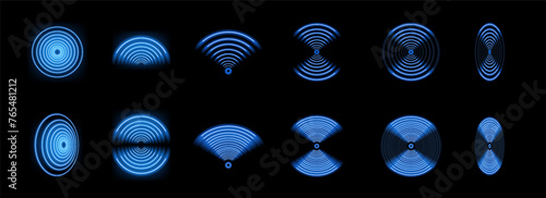 Wi-Fi light and wireless networking with a wave effect collection. Glowing blue signal wifi, sensor, radar, RFID and round circle waves wireless technology concept. Vector.