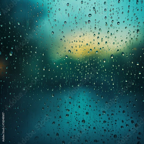 Teal rain drops on an old window screen with abstract background