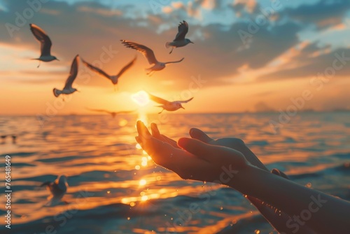 Hands open palm up worship with birds flying over calm water sunset background. Concept of praying for blessing from God, Generative AI