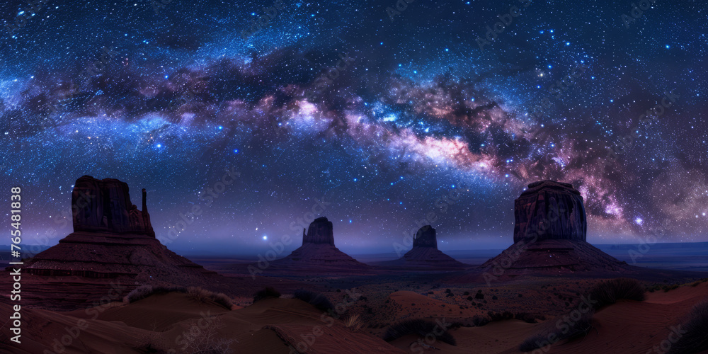 A breathtaking nightscape featuring an expansive starry sky over distinct desert rock formations, highlighting the beauty of the Milky Way