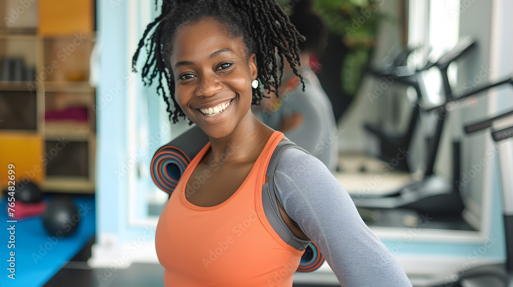 Fototapeta premium Laughing black woman with yoga mat ready for class at gym
