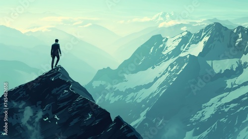 Businessman in a sleek suit conquers a challenging mountain peak, symbolizing determination, ambition, and the relentless pursuit of success amidst adversity photo