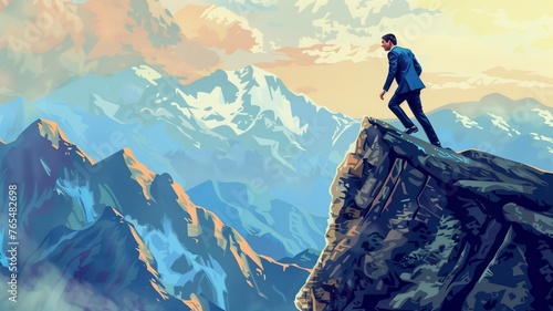 Businessman in a sleek suit conquers a challenging mountain peak, symbolizing determination, ambition, and the relentless pursuit of success amidst adversity