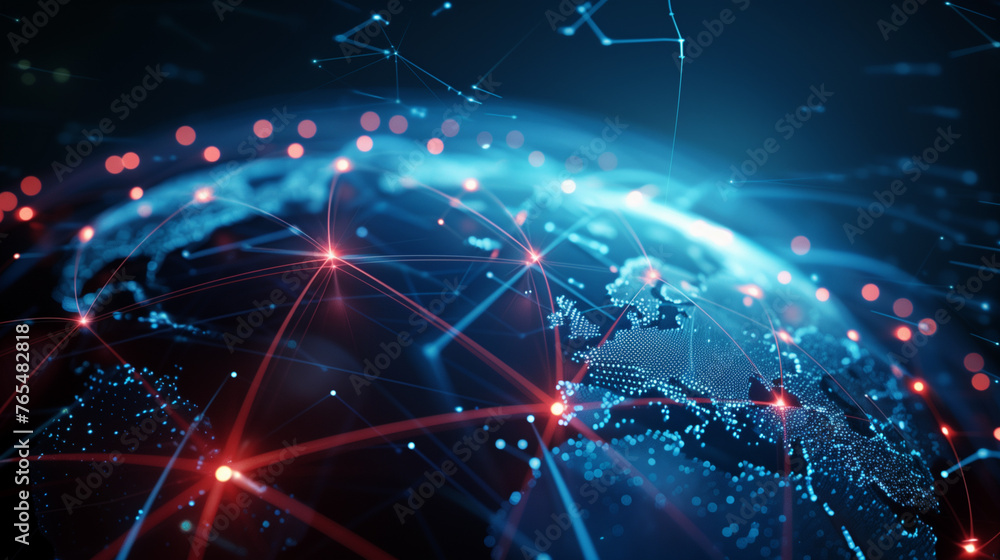 Obraz premium A red web encircling a blue globe depicts a global network of connections