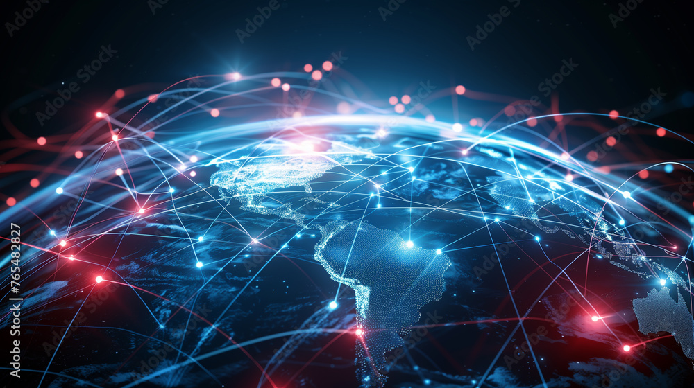Obraz premium A red web encircling a blue globe depicts a global network of connections