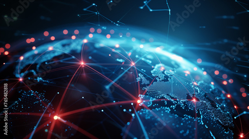 A red web encircling a blue globe depicts a global network of connections