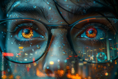 Eyes through futuristic glasses glimpse a world of digital light