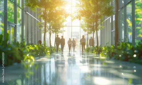 Blurred background of people walking in a modern office building with green trees and sunlight , eco friendly and ecological responsible business concept image with copy, Generative AI photo