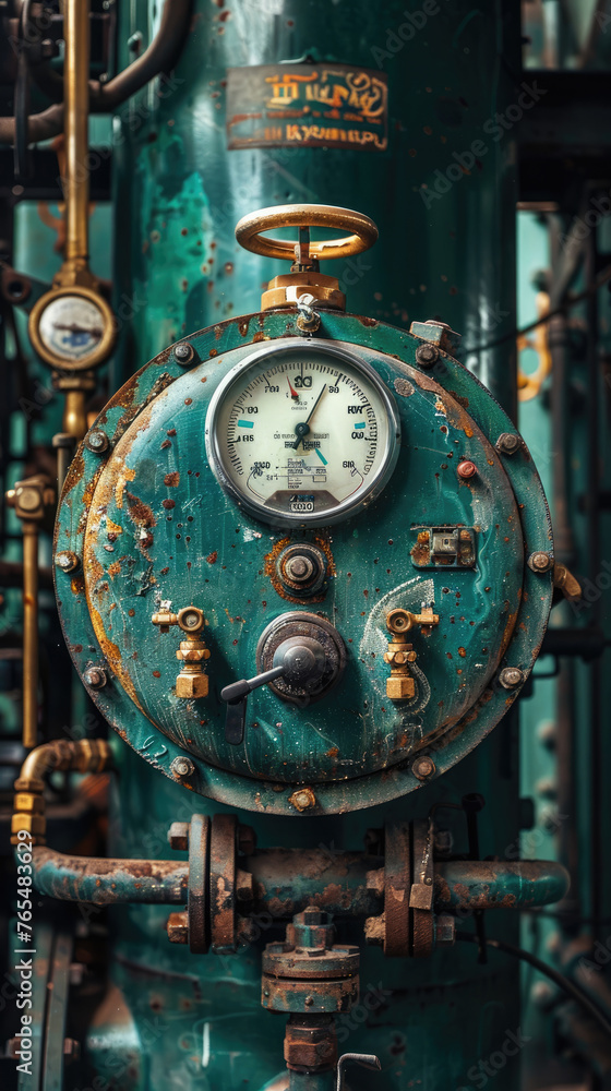 Vintage industrial pressure gauge closeup - The closeup image showcases a vintage industrial pressure gauge with rust and retro details, evoking a sense of old-time engineering