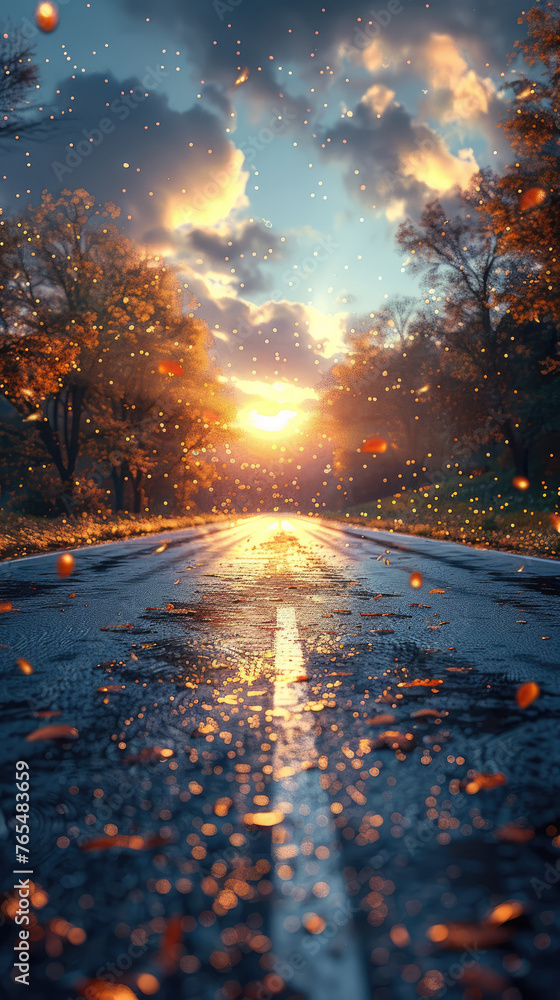 Wet road illuminated by sunset in the woods - The sun sets casting an amber glow on a wet road surrounded by autumn's embrace within a dense woodland