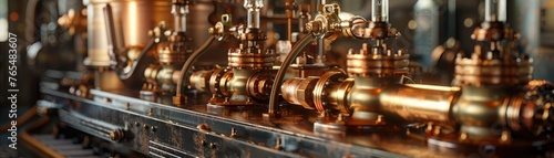 Vintage copper brewery equipment close-up - An array of polished vintage copper brewery machinery with intricate details and a warm reflective surface