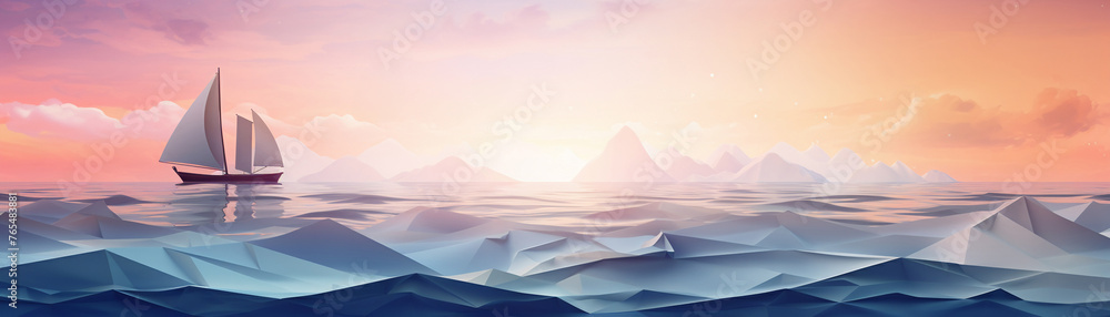 Design a serene seascape with origamiinspired elements including delicate folds mimicking waves and a ship silhouetted against a bokehfilled sunset sky , graphic design