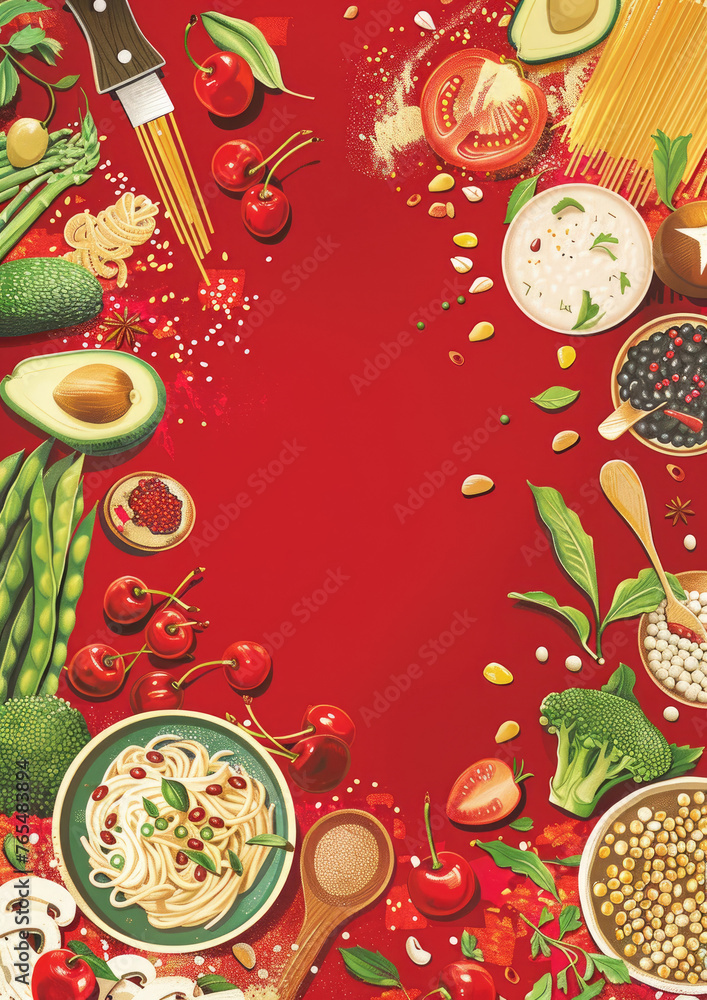 Vibrant food ingredients on red background - An array of fresh vegetables, pasta, and herbs artistically arranged on a vivid red backdrop, showcasing a variety of textures and colors