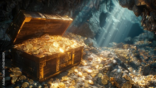 Treasure chest overflowing with gold coins - A realistic image of a treasure chest filled to the brim with shimmering gold coins in a mysterious cave setting, invoking a sense of discovery and wealth
