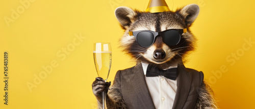 Cool raccoon in a party hat and sunglasses posing with a champagne glass against a mono-color background