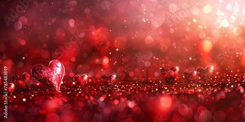 Valentines day background banner with abstract panorama of red hearts for love concept, Generative AI